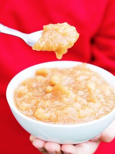 a person holding a bowl of oatmeal with a spoon in their hand