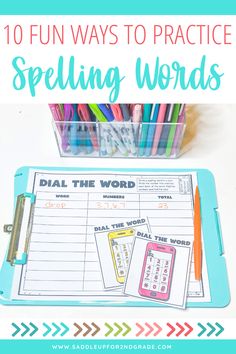 the words spelling worksheet with pens and pencils in it, on top of a