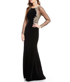 Xscape Embroidered Sheer Sleeve Velvet Gown Elegant Gown With Illusion Neckline For Prom, Glamorous Formal Evening Dress With Illusion Neckline, Glamorous Formal Gown With Illusion Neckline, Formal Long Gown With Sheer Bodice, Prom Season Gown With Illusion Neckline, Elegant Floor-length Evening Dress With Illusion Neckline, Elegant Formal Gown With Illusion Neckline, Glamorous Gown With Illusion Neckline, Elegant Evening Gown With Illusion Neckline