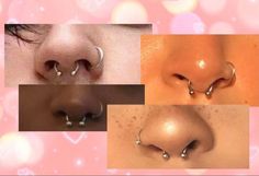 four different images of nose piercings with hearts in the background and pink boke