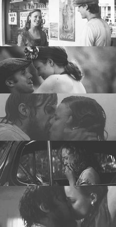 the kissing scene is shown in this black and white photo, as well as an image of