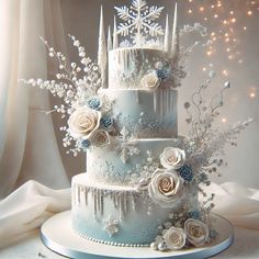 a three tiered cake with frosting and flowers on top is surrounded by snowflakes