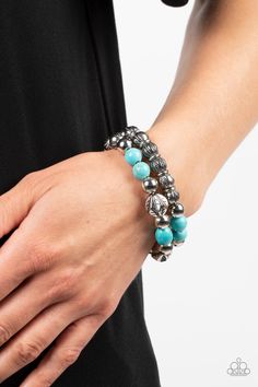 Sagebrush Saga Blue Bracelet - Jewelry by Bretta Bohemian Silver Stretch Bracelet With Faceted Beads, Adjustable Turquoise Stretch Bracelet With Silver Beads, Mixed Metal Jewelry, Paparazzi Accessories, Paparazzi Jewelry, Blue Bracelet, Silver Accents, Shiny Silver, Turquoise Stone