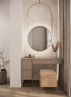 a dressing table with a mirror and stool next to a plant in a vase on the floor