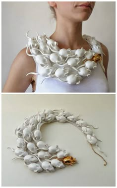 two pictures of white flowers and leaves on a woman's neck, one is made out of shells