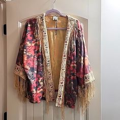 Beautiful Jaded Gyspy Multi Colored Jacket With Lace And Fringe. Nwot Never Worn. Bohemian Spring Outerwear With Fringe, Beige Winter Outerwear For Festivals, Bohemian Long Sleeve Fringe Outerwear, Bohemian Beige Outerwear For Fall, Spring Cream Outerwear With Fringe, Cream Fringe Outerwear For Spring, Spring Cream Fringe Outerwear, Fitted Beige Outerwear For Festivals, Beige Bohemian Outerwear For Festival