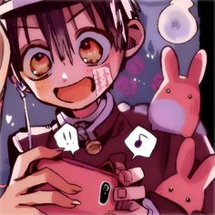 an anime character is holding a phone in his hand and smiling at the camera while wearing bunny ears