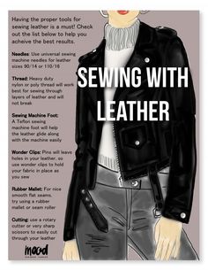 a drawing of a woman in black jacket and jeans with text that reads sewing with leather