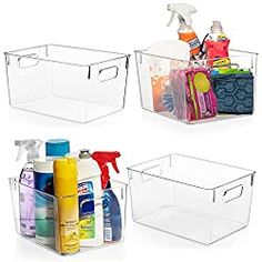 three clear storage bins with different types of household cleaning products in them and on the side