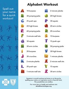 the alphabet workout poster is shown in blue and white