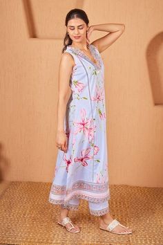 Baby blue A-line kurta featuring floral print with resham, thread and cutwork embroidered neckline. Paired with lace embroidered pant and a printed dupatta., Fit: Relaxed Blue Kurta, Pant For Women, Pant Women, A Line Kurta, Printed Dupatta, Embroidered Pants, Embroidered Neckline, Women Kurta, Straight Kurta