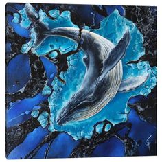 a painting of a whale swimming in the ocean with blue water and ice flakes