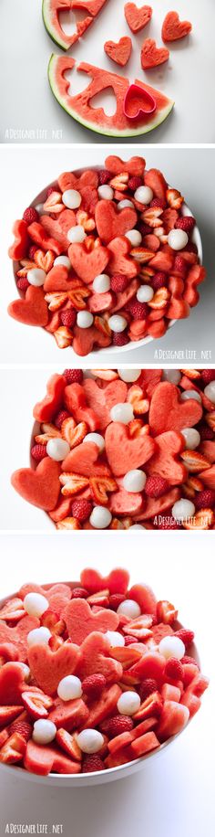 the process of making watermelon hearts for valentine's day is shown in three different stages