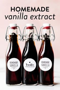 three bottles of homemade vanilla syrup with the words homemade vanilla in black and white lettering