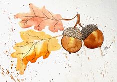 two acorns hanging from a tree branch with leaves painted on the wall behind them