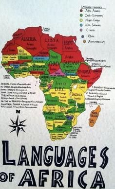 an african map with the languages of africa written in black and red on white paper