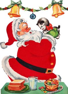 an old - fashioned christmas card with santa claus and his cat on the table next to it