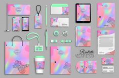 a set of stationery items designed in the style of pastel holographics