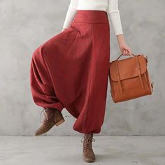 Bohemian Red Linen High Waisted Drop Baggy Harem Pants Cotton Linen Pants, Baggy Style, Linen Pants, Cotton Linen, Leg Pants, Wide Leg Pants, Harem Pants, Coats For Women, Winter Fashion