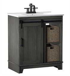 a bathroom vanity with two baskets under the sink and a faucet on top