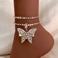 Anklets- Iced Out Crystal Rhinestones Butterfly Pendants Anklet Chain For Women Multi-layer Big Rhinestones Tennis Chain Ankle JewelryModel Number:1005002872217317 Rhinestone Anklet, Solid Gold Bangle, Butterfly Anklet, Anklet Chain, Leg Chain, Ankle Jewelry, Tennis Chain, Chain For Women, Jewelry Model