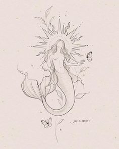 a black and white drawing of a mermaid with butterflies on her head, sitting in the water