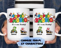 two white coffee mugs with the words, choose from 19 characters to super mario