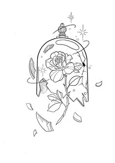 a black and white drawing of a flower in a glass dome with butterflies around it