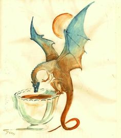 a drawing of a dragon sitting on top of a cup with liquid in it's mouth