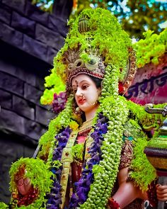 a woman dressed in green and purple costume