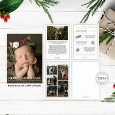 a christmas card with photos on it and presents next to the holiday greetings cards