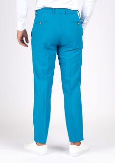 Stand out in these vibrant sapphire blue pants! Made from a stretch cotton fabric for a look that's both comfortable and vibrant, you're sure to turn heads at any event! Blue Cotton Straight Pants, Blue Elastane Summer Pants, Blue Elastane Pants For Summer, Fitted Blue Cotton Pants, Fitted Blue Chinos With Straight Leg, Fitted Straight Leg Blue Chinos, Spring Blue Ankle-length Dress Pants, Blue Fitted Ankle-length Chinos, Fitted Blue Ankle-length Chinos