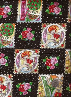 a black background with pink and red roses on it, some are made out of stamps