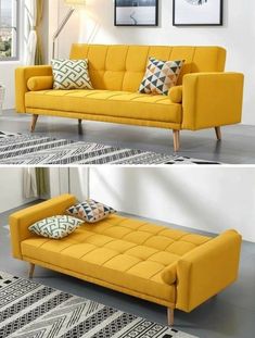 two pictures of a yellow couch with pillows on it and the same one in different positions