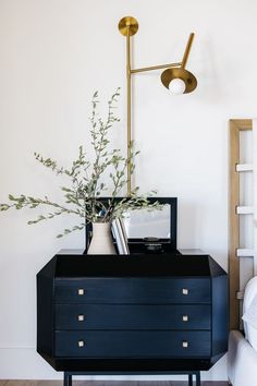 a black dresser with a plant in it and a lamp on the wall behind it