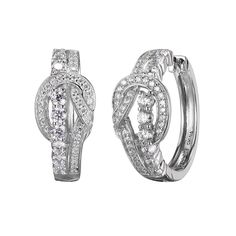 Absolute™ Sterling Silver Cubic Zirconia Love Knot Hoop Earrings  A classic, the love knot design featured in this hoop is a sentimental favorite with a versatility you're bound to adore.       Approx. 13/16"L x 3/8"W     Stamped .925; sterling silver; rhodium plating      Pierced with hugger backs   Stone Information       All sizes and weights approximate     Clear Absolute Cubic Zirconia: Round; 0.46ct Classic Adjustable Hoop Earrings For Anniversary, Adjustable Hoop Earrings For Wedding, Knot Design, Love Knot, Huggie Hoop Earrings, Jewelry Earrings Hoops, Solid Metal, Gold Plated Silver, Real Diamonds