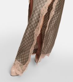 Find GUCCI Gg Supreme Lace-trimmed Silk Maxi Dress on Editorialist. Made in Italy. Closure: zipped side, invisible zipper. Material: 100% silk. Designer color name: Camel/Ebony/Mix. Care instructions: dry clean. Trim: 80% cotton, 20% polyamide. Details: 100% polyamide. Gucci Lace Dress, Beige Silk Dress, Gucci Dress, Grey Maxi Dress, Pajama Dress, Gg Monogram, Linen Shirt Dress, Silk Print Dress, Silk Maxi