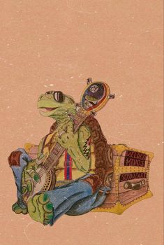 a drawing of a turtle sitting on top of a suitcase with a guitar in its lap