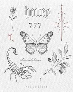 an image of tattoos with butterflies and scorpions on the cover of their album, honey 77