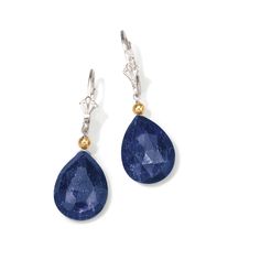 Ross-Simons - 18.00ct t. w. Sapphire Drop Earrings in Silver, 14kt Yellow Gold. Make the night a romantic one with these 18.00 ct. t. w. sapphire drop earrings! The pear-shaped opaque sapphires are set in polished sterling silver and topped with gleaming 14kt yellow gold beads for a chic contrast. Hanging length is 1 3/8". Leverback, sapphire drop earrings. Sapphire birthstones are the perfect gift for September birthdays. Evening Fine Jewelry Pear-shaped Diamond Earrings, Evening Gemstone Earrings In Fine Jewelry Style, Fine Jewelry Gemstone Earrings For Evening, Hallmarked Teardrop Diamond Earrings For Formal Occasions, Evening Sterling Silver Diamond Earrings With 17 Jewels, Timeless Evening Earrings With Gemstone, Timeless Evening Earrings With 17 Jewels, Timeless Gemstone Earrings For Evening, Fine Jewelry Diamond Earrings For Formal Events