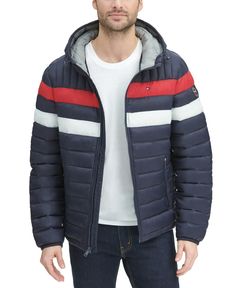 A day of adventure or a day of chores. It doesn't matter from stylish or comfort perspectives as you will look and feel good either way with the modern color block and wind-resistant hooded design of this quilted jacket by Tommy Hilfiger. Quilted Jacket Men, Man Quilt, Hooded Puffer Jacket, Tommy Hilfiger Man, Jackets Online, Modern Colors, Navy Color, Quilted Jacket, Puffer Jacket