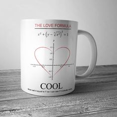 a white coffee mug with the love formula on it sitting on top of a wooden table