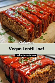 vegan lenti loaf with red sauce on top