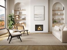 a living room with white furniture and a fireplace