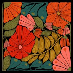 an image of flowers and leaves on a black background with red, orange, yellow and green colors