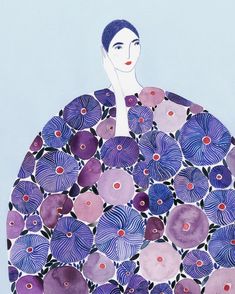 a drawing of a woman in a blue dress surrounded by purple flowers