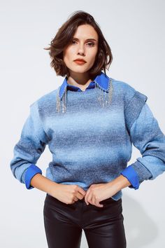 Introducing our Sweater in Blue Ombre Design with Stylish Sleeve Details – a soft and fashionable addition to your fall and winter wardrobe, perfect for keeping warm in style.   Key Features:     Material:  Crafted from a blend of 55% Polyester, 40% Acrylic, 4% Wool, and 1% Elastane, this sweater offers a cozy and comfortable knit.   Ombre Design:  The blue ombre design adds a unique and trendy look, perfect for the winter and fall.   Stylish Sleeve Details:  This sweater features eye-catching d Ombre Sweater, Blue Jumper, Winter Attire, Classic Sweater, Chic Sweaters, Detailed Sweater, Blue Ombre, Sweater Design, Sleeve Detail