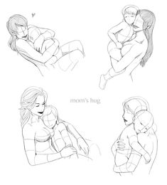 four different poses of a woman holding a baby in her arms and the words mom's hug written below