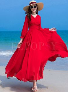 Beach Frocks For Women, Red Flowy Dress, Red Colour Dress, Red Chiffon Dress, Long Sleeve Boho Dress, Frock For Women, Boho Beach Dress, Retro Styles, Silk Dress Long