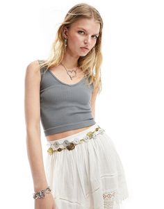 Tops by Free People Waist-up dressing V-neck Fixed straps Slim fit Chic Seamless V-neck Crop Top, Trendy Gray Cropped Crop Top, Chic Seamless Crop Top For Spring, Gray Scoop Neck Tank Top For Summer, Chic Gray Stretch Crop Top, Seamless V-neck Crop Top For Spring, Chic Spring Tank Crop Top, Spring V-neck Seamless Crop Top, Gray Scoop Neck Tank Top For Spring